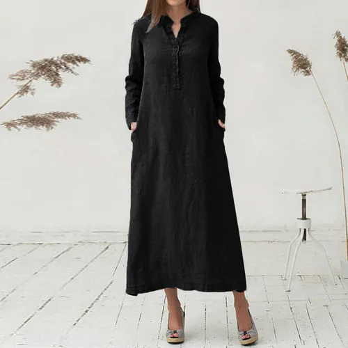 Vista 44 de Vestido de manga larga para mujer, casual, de algodón, lino, con botones, maxivestidos tipo caftán, blanco y azul