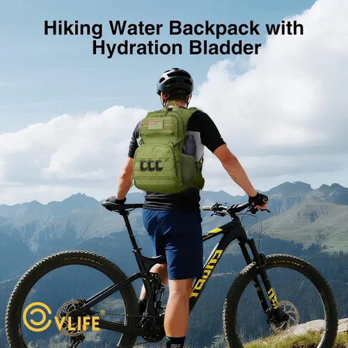 Vista 8 de CVLIFE Mochila táctica de hidratación con vejiga de agua de TPU de 3 L, mochila de senderismo de 22 L para hombres y mujeres, mochila de agua Molle