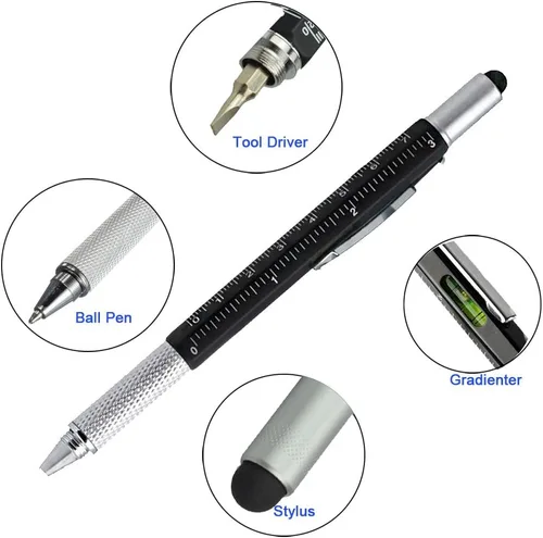 Vista 2 de Lápiz capacitivo, 7 en 1 multiherramienta para pantalla táctil, bolígrafo, regla, nivel, destornillador Phillips y cabeza plana (paquete de 3 negro)