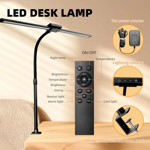 Vista 3 de Lámpara de escritorio LED con abrazadera, cuello de cisne con control remoto, luz de escritorio con protección ocular, 24 W, ultra brillante