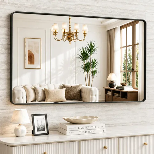 Vista 21 de JISOSO - Espejo de baño negro de 20x30 pulgadas con marco de metal negro, espejo de tocador rectangular redondeado con acabado mate para pared