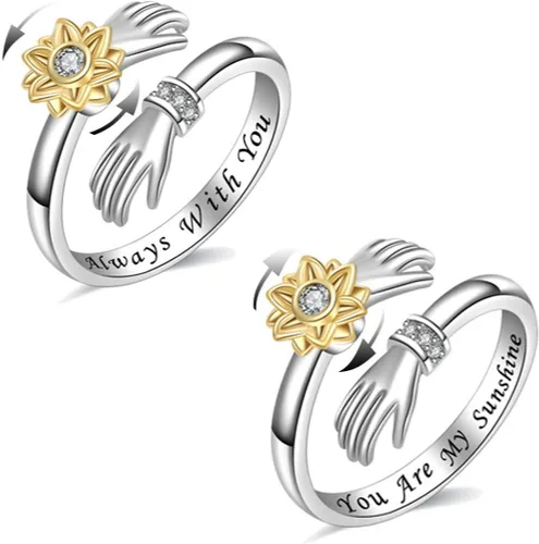 Vista 4 de Anillo de plata giratorio de girasol ajustable con diamantes y simple banda para abrazar a dos manos