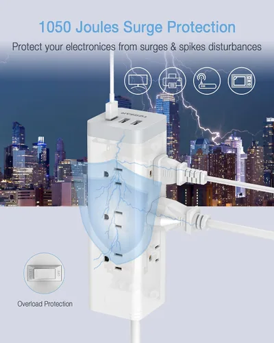Vista 3 de TESSAN Cable de extensión largo de enchufe plano de 15 pies, regleta protectora de sobretensiones con 9 tomas, 3 puertos USB, estación de carga
