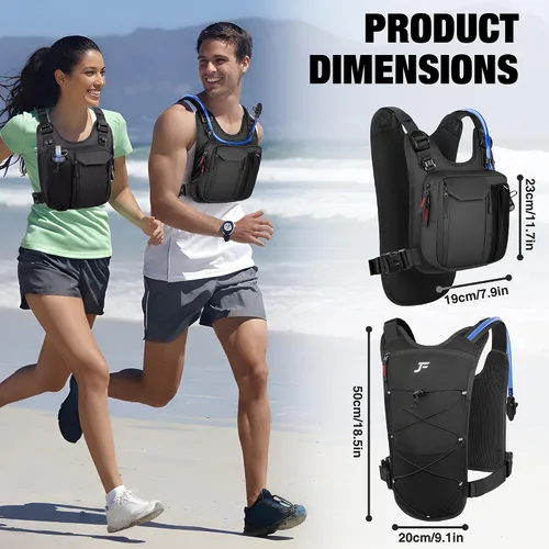 Vista 8 de JXFUKAL Chaleco para Correr, Mochila de Hidratación Ligera con Vejiga de Agua de 2L, Paquete de Hidratación Reflectante, Bolsa Táctica para el Pecho