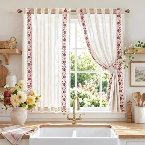 Vista 26 de jinchan Cortinas de lino floral beige para cocina, 24 pulgadas, 2 paneles A Beige