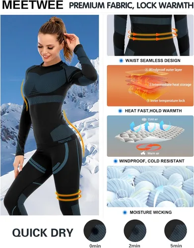 Vista 2 de MEETWEE Conjunto de ropa interior térmica para mujer, capa base de invierno, pantalones largos, cálidos, parte superior e inferior para esquiar