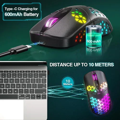 Vista 2 de WolfLawS KM-3 - Mouse inalámbrico para juegos, mouse inalámbrico RGB recargable con 7 botones programados, 4 niveles de DPI, 60 horas de juego