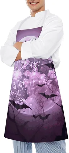 Vista 4 de MUSM Purple Moon Apron，Classic Vintage Funny with Pockets Aprons,Adjustable Bib Waterdrop Resistant for Kitchen Cooking Restaurant BBQ Painting