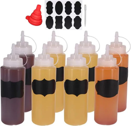 Vista 13 de Paquete de 8 botellas de condimento de plástico de 12 onzas con tapas de tapa, perfectas para condimentos, aceite, glaseado, líquidos, juego de 8