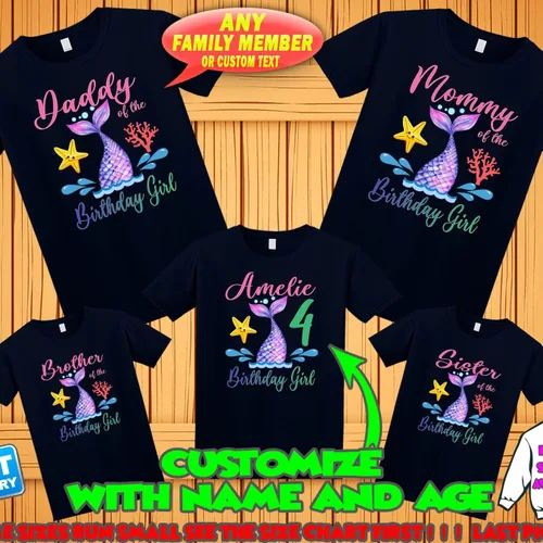 Vista 3 de Camisa de cumpleaños de sirena, camiseta personalizada con cola de sirena, camiseta de sirena personalizada, camisas familiares de sirena, camisetas