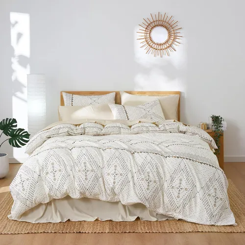 Vista 3 de Wake In Cloud - Juego de edredón bohemio, ropa de cama estilo granja occidental azteca de aspecto neutro, ropa de cama suave y ligera, 3 piezas Beige
