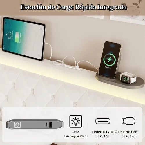 Vista 5 de Base de cama Queen con cabecera capitoné con botones, base de cama tapizada tamaño Queen con luces LED, estación de carga, almacenamiento