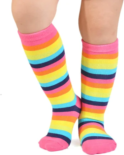 Vista 6 de EPEIUS Calcetines altos a la rodilla con rayas arco iris para bebé, medias de tubo antideslizantes, calcetines de fútbol para niños pequeños y niños