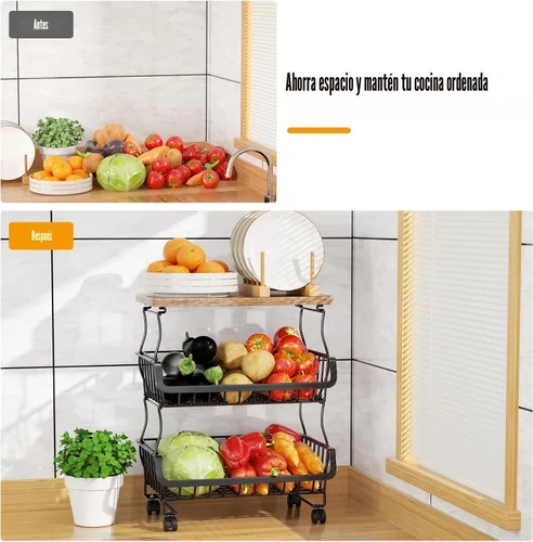 Vista 5 de Gsiekare Cesta de frutas y verduras para cocina, cestas de almacenamiento de 4 niveles apilables con ruedas, cestas organizadoras de almacenamiento