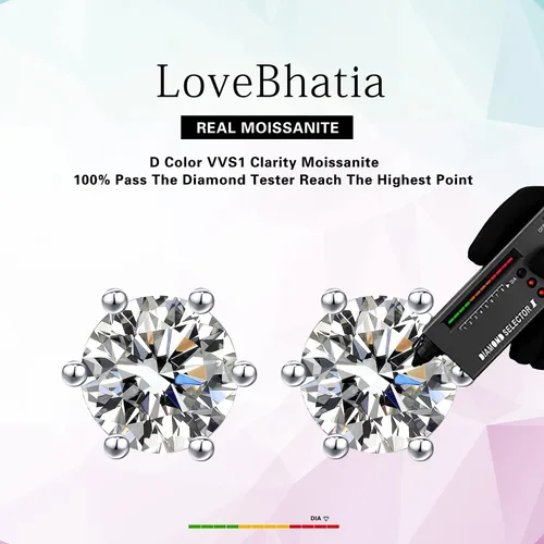 Vista 6 de LoveBhatia - Aretes de moissanita para mujer, para hombre, chapados en oro blanco de 18 quilates, plata de ley S925, 1-4 quilates, color D, claridad