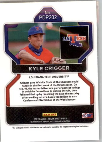Vista 2 de 2022 Panini Prizm Draft Picks #202 Kyle Crigger RC Rookie Louisiana Tech Bulldogs Baseball Trading Card