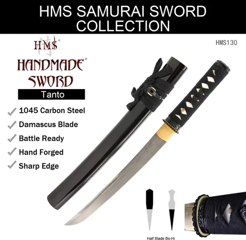 Vista 9 de HMS Espada Samurai Tanto japonesa, hierro Tsuba, acero al carbono 1045, forjada a mano templada, espiga completa, afilada afilado a mano