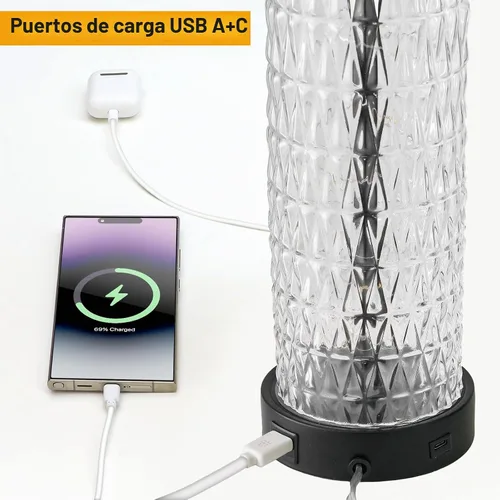 Vista 6 de Oneach Juego de 2 lámparas de mesa de 27.75 pulgadas, lámpara de noche moderna negra con luz nocturna LED, USB A+C, lámparas de vidrio para sala