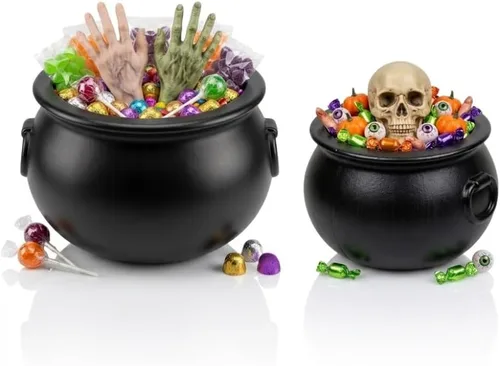 Vista 24 de PMU 2 piezas de caldero de Halloween – 10 pulgadas, 8 pulgadas, cuenco de caldero de plástico de bruja negro, para decoración de Halloween