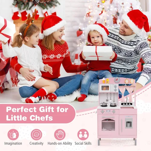 Vista 8 de Costzon Juego de Cocina para Niños, Juguetón de Madera de Pequeño Chef con 3 Alturas Ajustables, Barra de Toallas, Cortinas, Microondas, Estufas