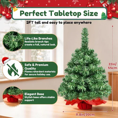 Vista 2 de Mini árbol de Navidad artificial de 2 pies, puntas y base de PVC de alta calidad, pequeños árboles de Navidad para mesa, hogar, oficina, decoración