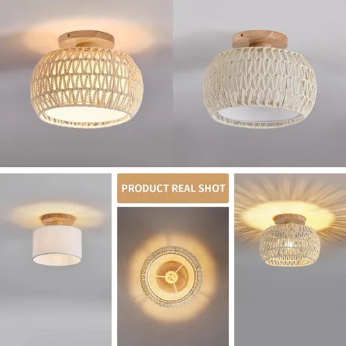 Vista 5 de Lámpara de techo de ratán bohemio, 3 opciones de estilo, luces de techo de mimbre semiempotradas, accesorios de luz costera beige, candelabro