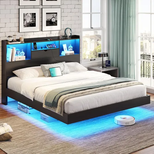 Vista 7 de DICTAC Base de cama flotante matrimonial con luces LED y cabecera de almacenamiento, cama flotante visual con estación de carga, cama de plataforma