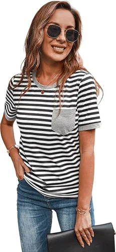 Vista 4 de SweatyRocks Camiseta casual para mujer, cuello redondo, a rayas, manga corta, con bolsillo