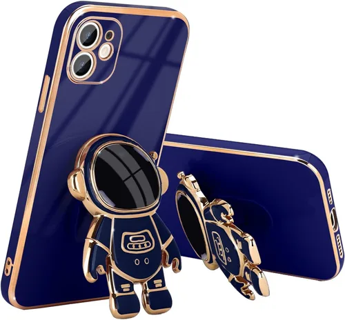 Vista 11 de Pepmune - Funda para iPhone 11 con bonito soporte de astronauta 3D, color negro Luxury Electroplated Soft Silicone Cover with Holder, Lovely 3D