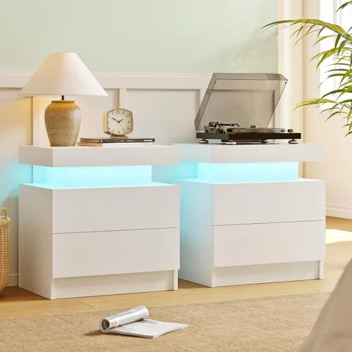 Vista 11 de Juego de 2 mesitas de noche con 2 cajones de madera, moderna mesita de noche LED para dormitorio