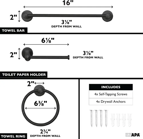 Vista 2 de Ilyapa Juego de accesorios de baño negro, juego de 3 piezas para montaje en la pared, barra para toallas, soporte para papel higiénico, anillo