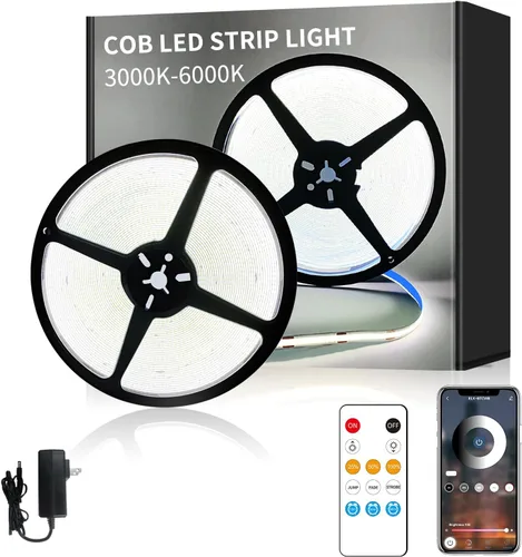 Vista 9 de Tira de luces LED COB de 32.8 pies, CC 24 V, regulable, 6000 K, luz de cinta LED flexible blanca para dormitorio, con control remoto y aplicación