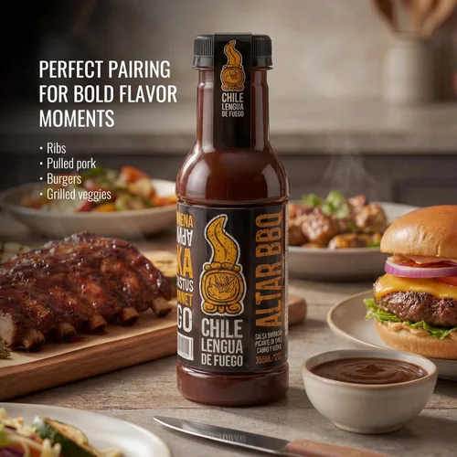 Vista 5 de Chile Lengua de Fuego Altar BBQ – Salsa picante BBQ con gorro escocés y lima, dulce ahumado picante, botella de 5 onzas (paquete de 1)
