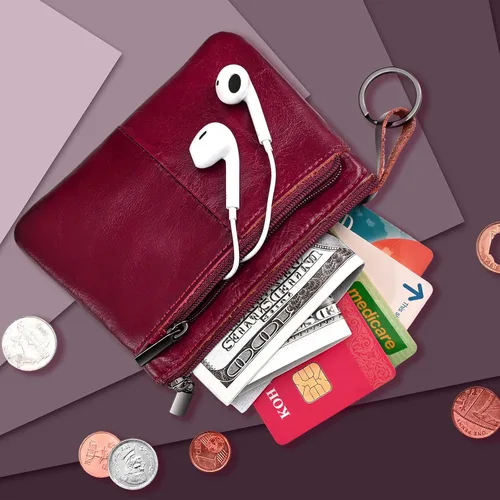 Vista 7 de Monedero de cuero genuino con triple cremallera para tarjetero con llavero, Rojo vino, Monedero