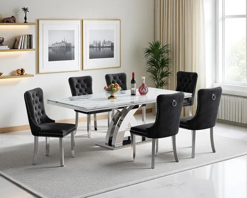 Vista 18 de Juego de mesa de comedor de mármol sintético, 7 piezas, juego de mesa de cocina y comedor para 6, mesa de comedor rectangular blanca de 70 pulgadas