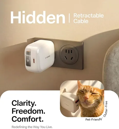 Vista 5 de Torras FlexLine Cargador retráctil, 35 W GaN III USB-C bloque de cargador con puertos duales, cargador de teléfono de carga rápida para iPhone