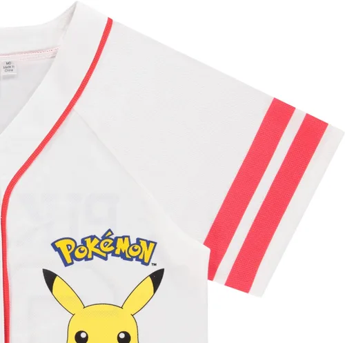 Vista 4 de Pokemon Camiseta de béisbol Pikachu para mujer, con botones y malla de pokeball Ash Pikachu, Charizard, con botones
