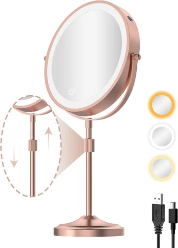 Vista 10 de Espejo de maquillaje iluminado de 9 pulgadas con 1 aumento de 10x, espejo de tocador de aumento recargable de 5000 mAh con luces, 3