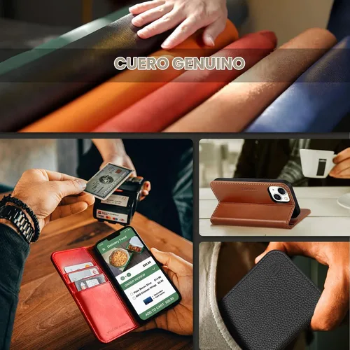 Vista 9 de SHIELDON Funda para iPhone 13, de piel auténtica, con función atril, bloqueo RFID, tarjetero de crédito, a prueba de golpes, protección completa