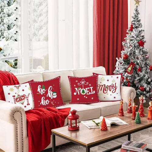 Vista 2 de Bonhause Red Christmas Throw Pillow Covers 16x16 Inch Set of 4 Navidad roja