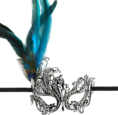 Vista 9 de Thmyo Máscara de metal para mascarada, máscara veneciana para disfraz de Halloween con diamantes de imitación de plumas de pavo real Estilo 1