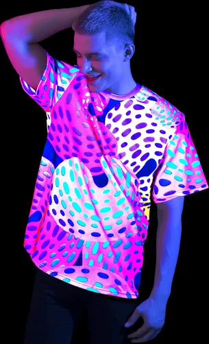 Vista 2 de aofmoka - Camiseta ultravioleta hecha a mano, reactiva a luz negra, con impresión decorativa