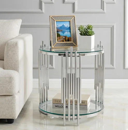 Vista 28 de Mesa auxiliar rectangular de vidrio de 48 pulgadas, mesa de centro de 2 niveles con parte superior de vidrio templado negro, patas de acero