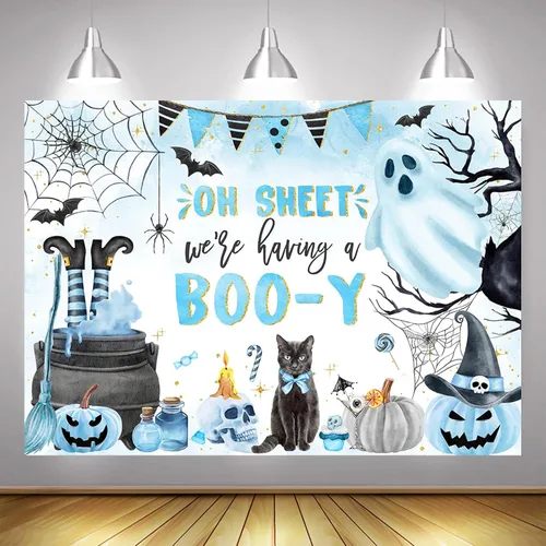 Vista 3 de Mocsicka Telón de fondo de Halloween para decoración de fiesta de baby shower de niño Boo-y, pancarta azul, bonita y espeluznante (8 x 6 pies)