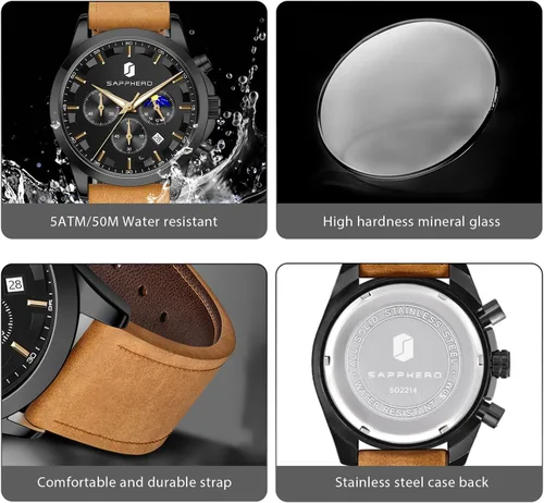 Vista 4 de SAPPHERO Relojes para hombre, cronógrafo, de acero inoxidable, impermeable, cuarzo, para negocios, casual, reloj de vestir para hombre, fecha Negro