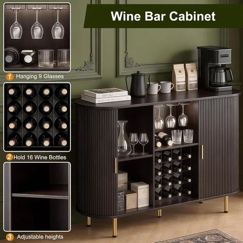 Vista 7 de DHH Gabinete de bar de vino de 55 pulgadas con almacenamiento, licor estriado y barra de café con estante para vino y soporte para vidrio, aparador