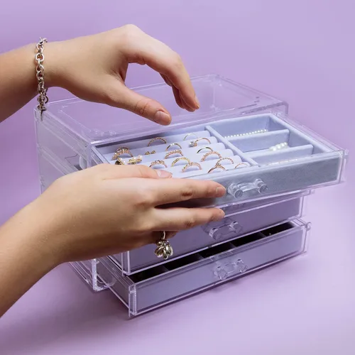 Vista 3 de The TopCherry Organizador de joyas de acrílico con 4 cajones, organizador de aretes, caja de joyería transparente, anillos, collares, pulseras