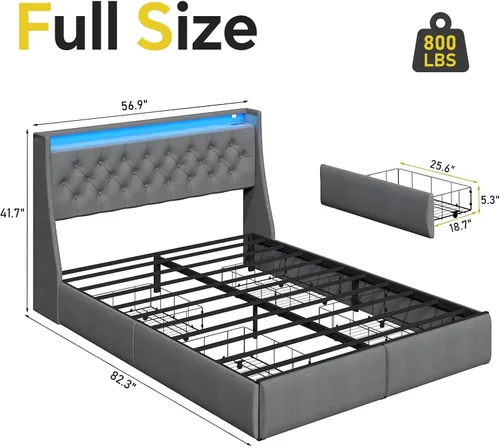 Vista 2 de SADENICEL Base de cama de tamaño completo con cabecera de almacenamiento y 4 cajones, plataforma de base de cama de metal completo con luz LED