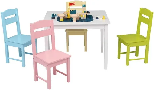 Vista 6 de Juego de mesa y 4 sillas de madera para niños, juegos de mesa de actividades para niños pequeños para dibujar lectura arte sala de juegos, muebles