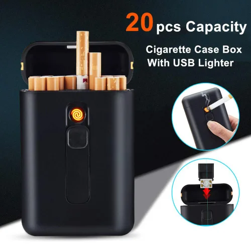 Vista 2 de Caja de cigarrillos con caja de cigarrillos más encendedor, paquete portátil tamaño King, 20 unidades, cigarrillos de tamaño regular, encendedores